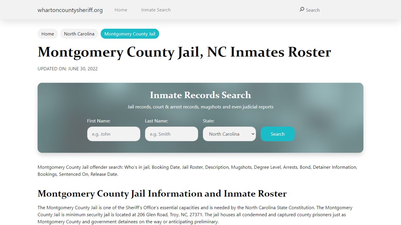 Montgomery County Jail, NC Jail Roster, Name Search