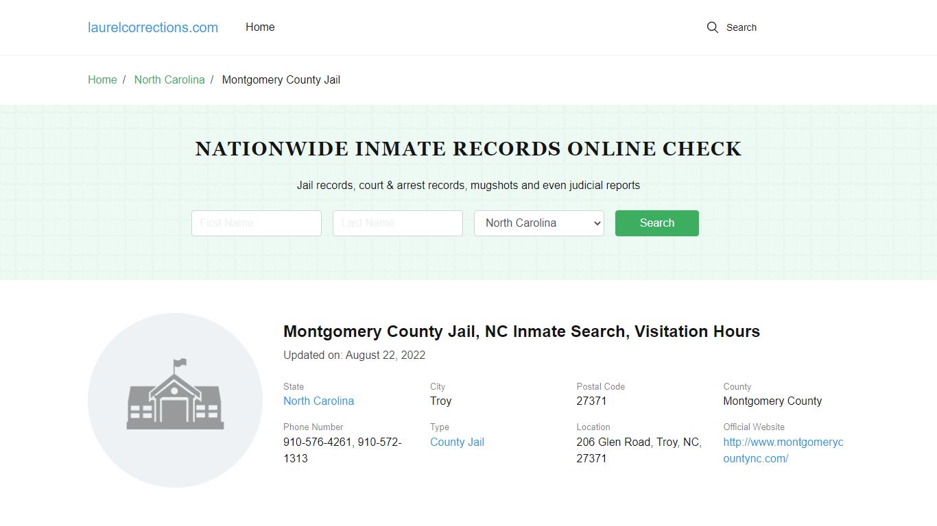 Montgomery County Jail, NC Inmate Search, Visitation Hours